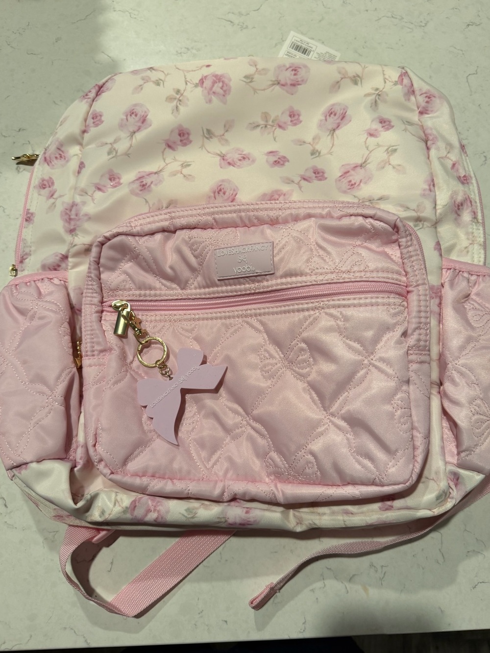 LoveShackFancy Pink Quilted Floral Kids Backpack with Bow Charm